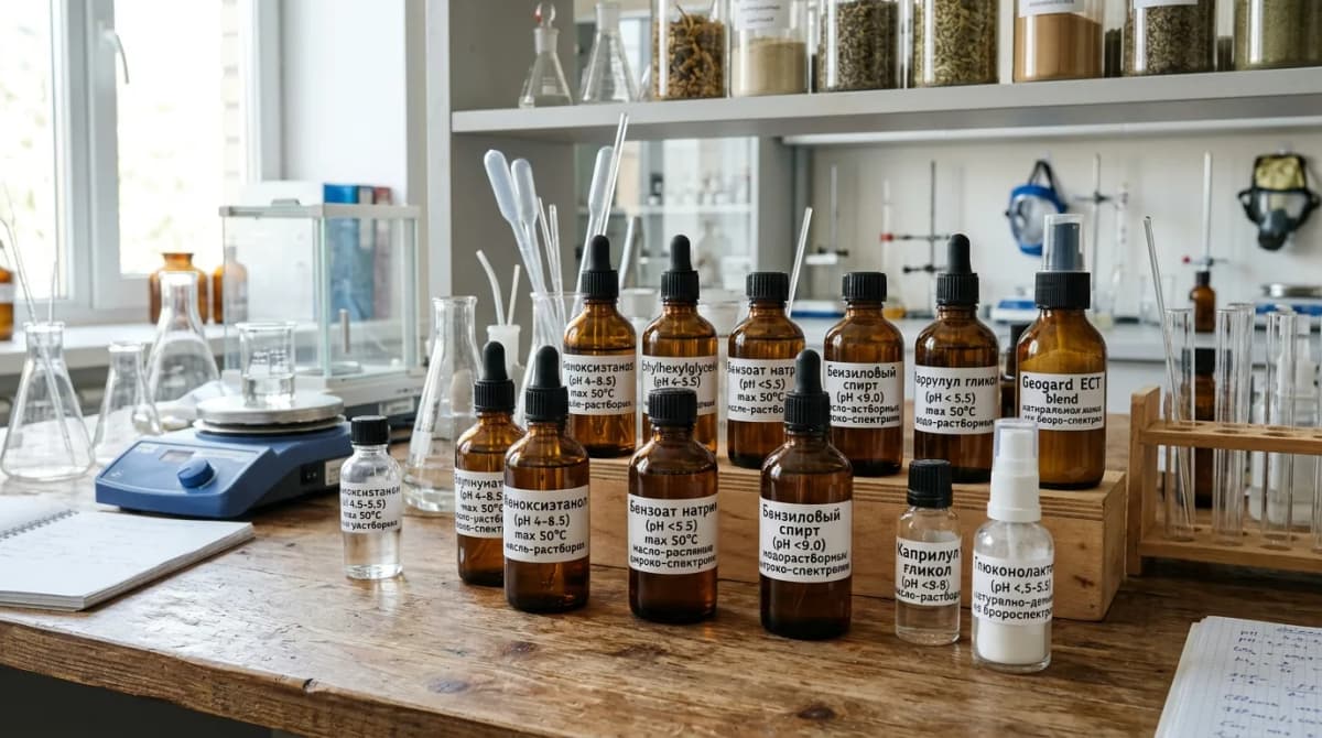 Различные консерванты для косметики в лабораторных флаконах