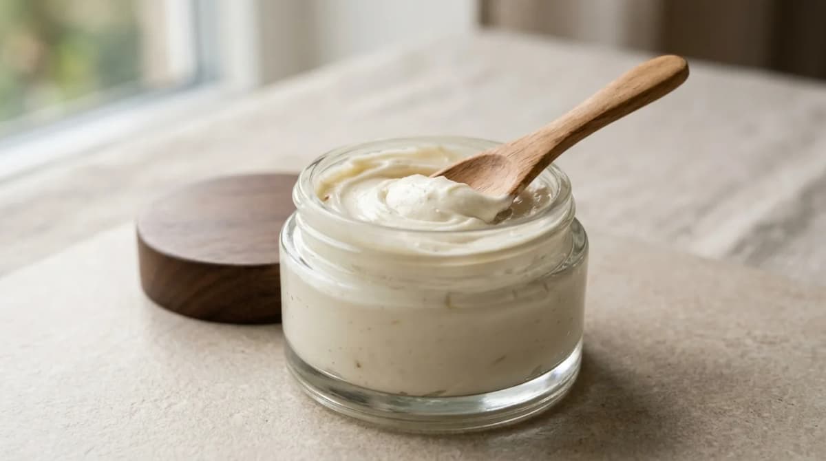 Photo-realistic close-up of a thick, creamy body butter in an open glass jar with a small wooden spatula, soft natural lighting, minimalist beauty product photography style, neutral beige background, no visible brand labels, no people