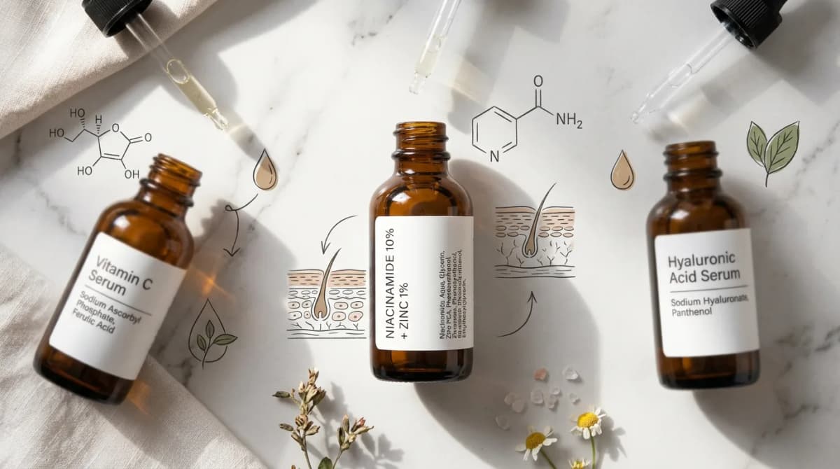 Flat lay of three skincare product bottles with ingredient labels partially visible, niacinamide serum in sharp focus, white marble background, editorial cosmetic photography