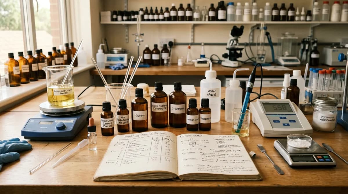 Cosmetic chemist workbench with glass beakers, digital pH meter, small ingredient bottles with INCI labels, open formula notebook with handwritten notes, warm focused laboratory lighting, aesthetic scientific setting