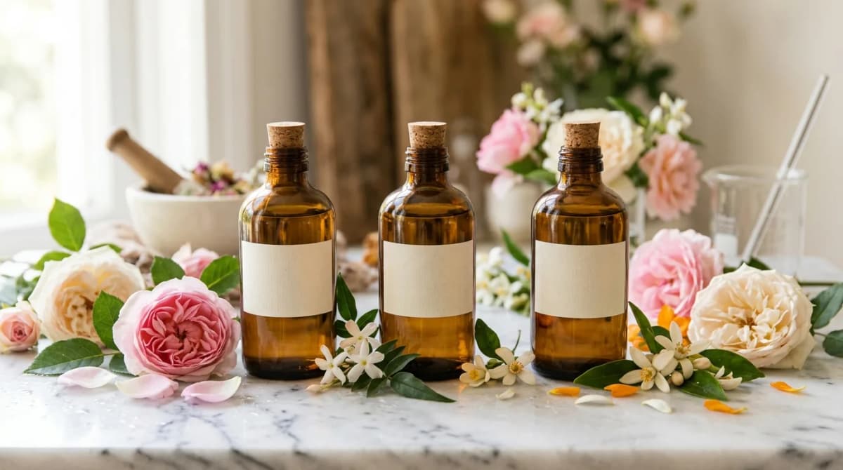 Amber glass bottles of floral hydrolats — rose, jasmine, neroli — with fresh flowers scattered on a marble surface, soft natural light, editorial beauty photography