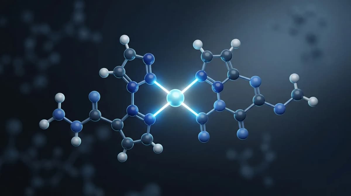 Molecular structure of a short tripeptide with metal-coordinating histidine residues shown as glowing bonds, dark background, clean scientific illustration style, blue and white light