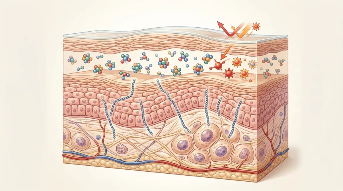 Layered cross-section of human skin showing three protective levels: physical barrier film, antioxidant molecules, and peptides penetrating to living cells, medical infographic style, clean and modern