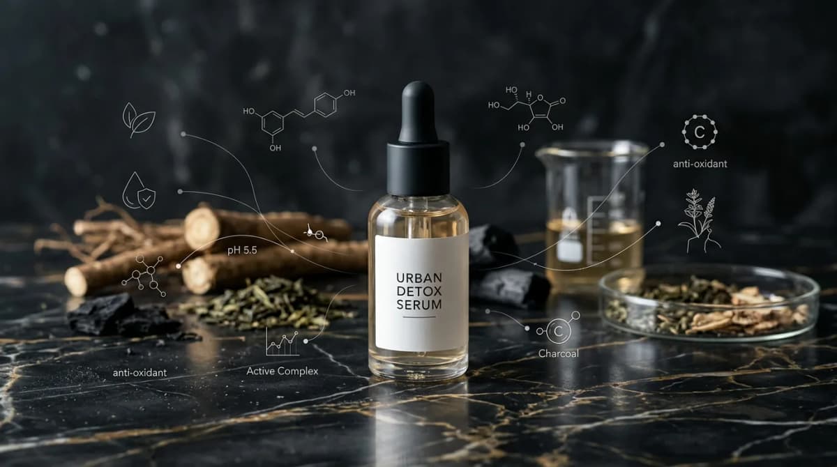 Elegant minimalist dropper bottle of urban detox serum on dark marble surface with subtle scientific annotations floating around it, luxury cosmetic product photography, moody studio lighting