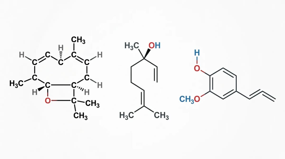 Molecular structure diagrams of beta-caryophyllene, linalool, and eugenol displayed side by side on a clean white background with chemical labels, scientific illustration style, high resolution