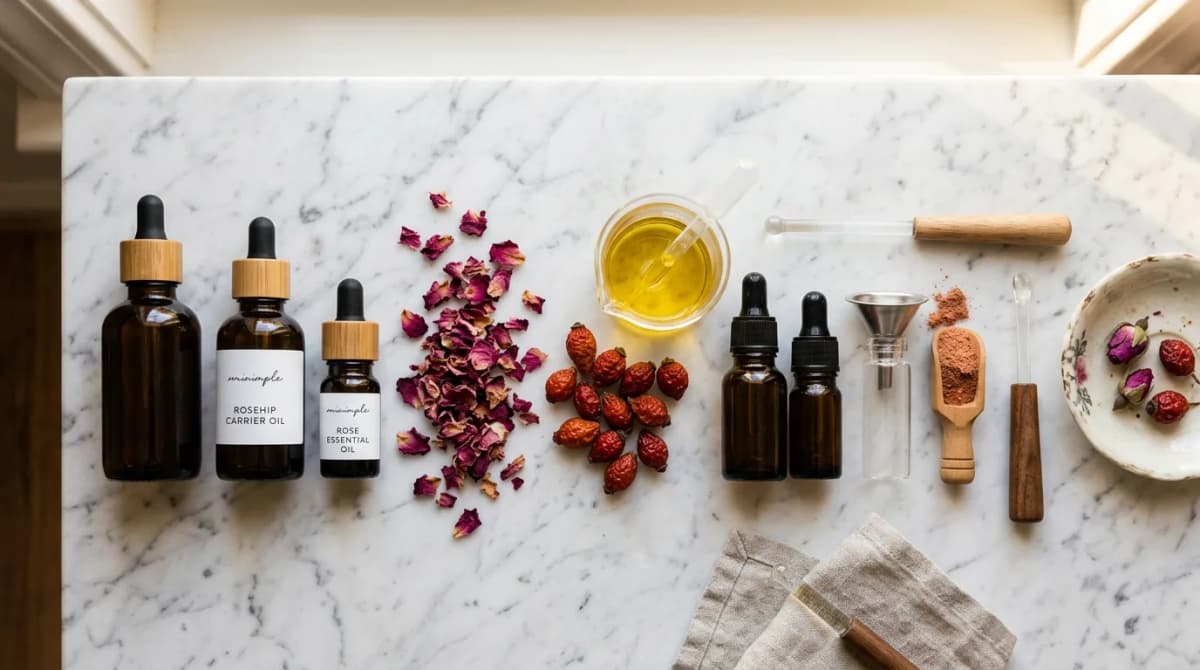Flat lay composition of dark glass dropper bottles with essential oils and carrier oils, dried rose petals, rosehip berries on a white marble surface, soft warm natural lighting, minimalist style