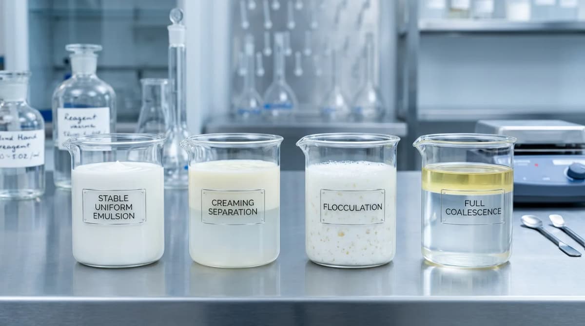 Close-up laboratory photography of four glass beakers containing emulsions in different stability states — stable uniform cream, creaming separation, flocculation, full coalescence — with subtle scientific labels, professional cosmetic lab setting, cool lighting