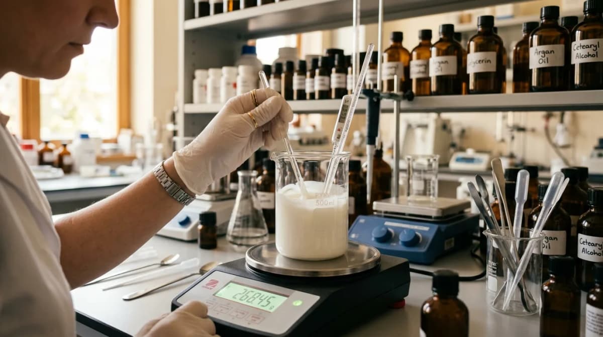 Cosmetic chemist hands in white gloves using a glass stirring rod to mix a white emulsion in a beaker on a digital scale, thermometer visible, warm studio lighting, professional cosmetic formulation lab background