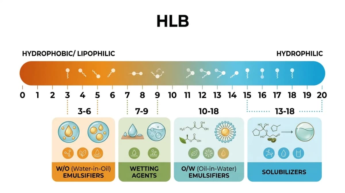Clean educational infographic diagram showing HLB scale from 0 to 20, with labeled zones for W/O emulsifiers, wetting agents, O/W emulsifiers and solubilizers, with example ingredient names, white background, flat design style