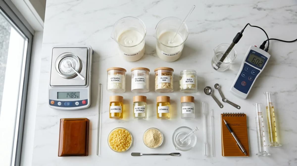Flat lay of cosmetic chemistry laboratory setup with glass beakers containing white cream emulsions, small labeled containers with emulsifier powders and waxes, digital precision scale, pH meter, on white marble surface, natural lighting, professional product photography