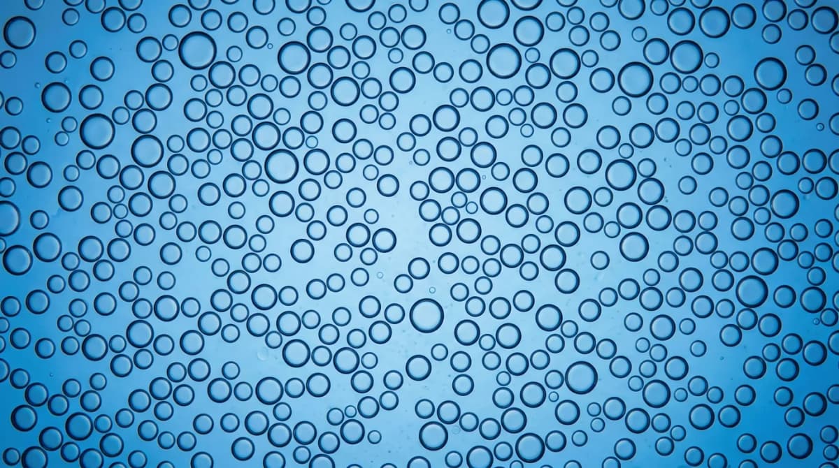 Scientific close-up macro photography of oil-in-water emulsion showing uniform spherical oil droplets dispersed in water phase, microscope view style, blue tinted background, educational illustration