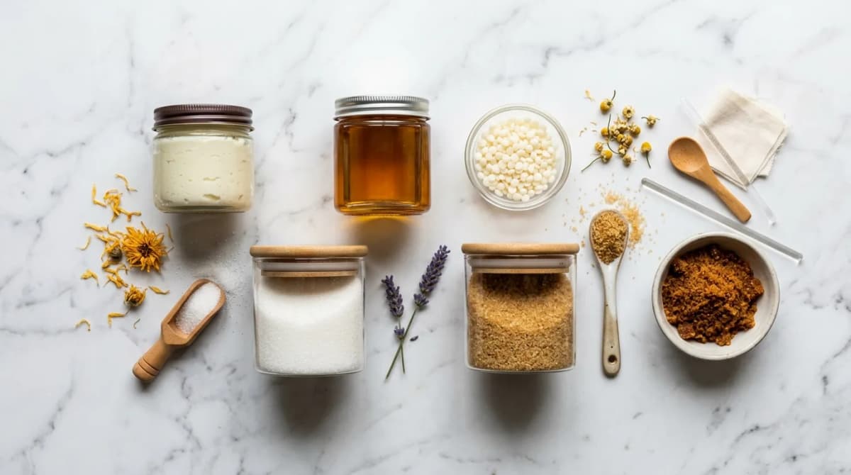 Flat lay of emulsified sugar scrub ingredients: glass jars with shea butter, sunflower oil, BTMS emulsifier, brown and white sugar crystals on white marble surface, soft natural daylight, editorial beauty style