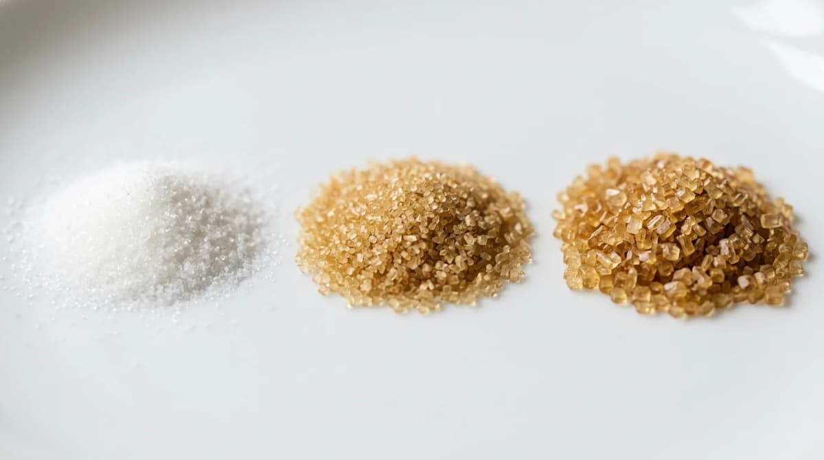 Macro close-up of different sugar crystal sizes — fine white sugar, medium raw cane sugar, coarse demerara sugar — arranged in three small piles on white background, sharp focus, beauty product photography