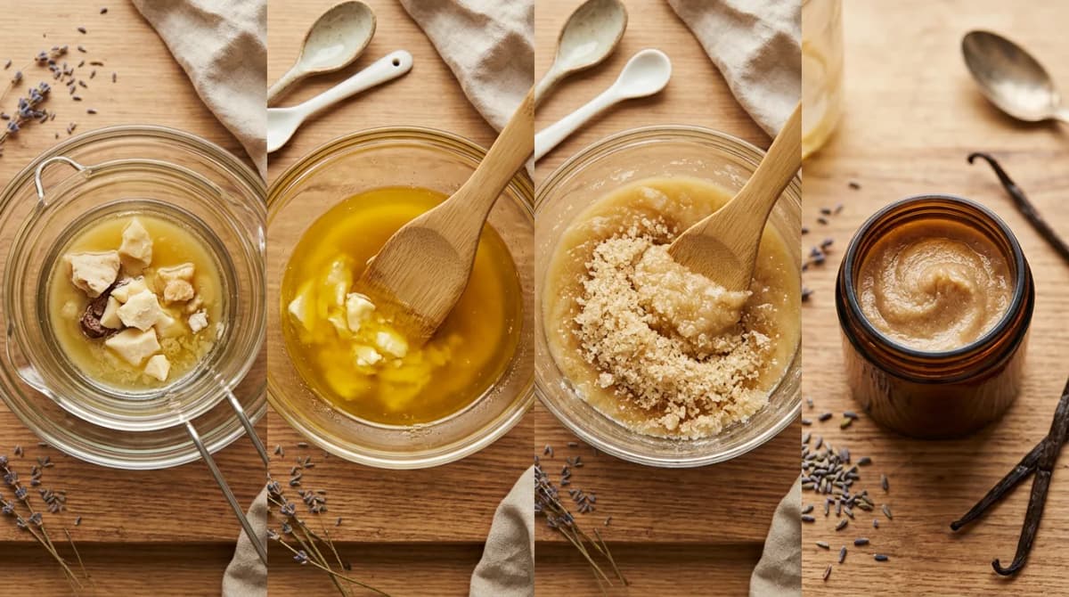Step-by-step process of making emulsified sugar scrub: melting butters in double boiler, mixing with spatula, adding sugar crystals, final creamy texture in amber glass jar, flat lay editorial style, warm tones