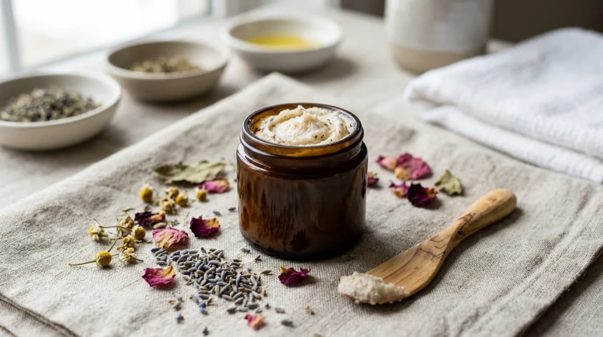 Small amber glass jar filled with creamy whipped sugar scrub texture, surrounded by dried botanicals — lavender, rose petals — and a wooden spatula on a linen cloth, soft natural light, minimalist spa aesthetic