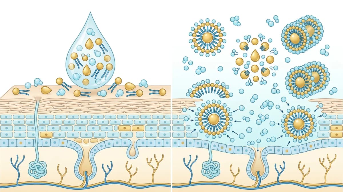 Cross-section scientific diagram showing hydrophilic oil emulsification process on skin surface, with water molecules forming around surfactant micelles encapsulating oil droplets, clean vector illustration style, blue and gold color palette, white background
