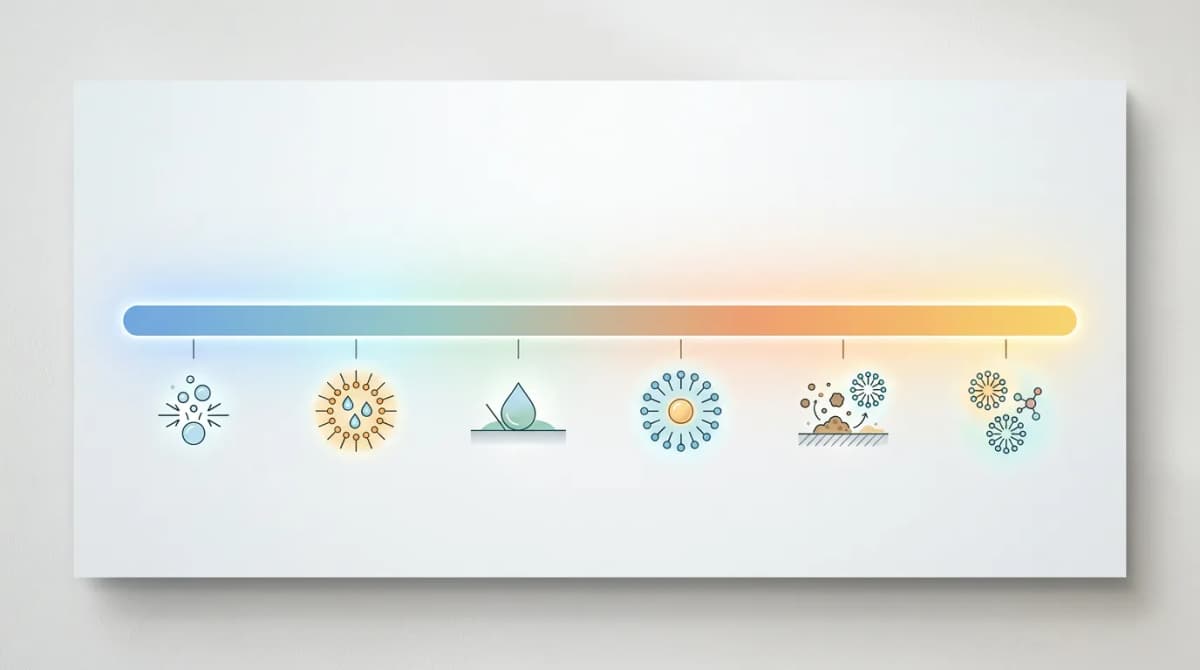 Minimalist infographic showing HLB scale from 0 to 20 as a horizontal gradient bar, labeled zones for antifoam agents, W/O emulsifiers, wetting agents, O/W emulsifiers, detergents and solubilizers, modern scientific poster style