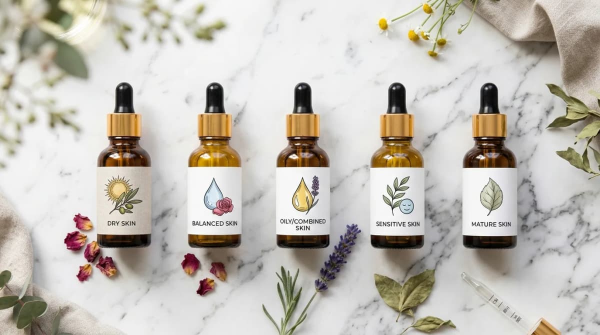 Flat lay photography of five different botanical oils in amber glass bottles with droppers arranged on white marble surface, each labeled with small skin type icon cards, soft natural daylight, clean cosmetic brand aesthetic