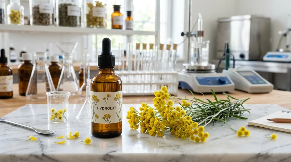 Amber glass bottle labeled hydrolat with dropper, next to fresh helichrysum flowers on marble surface, cosmetic laboratory aesthetic