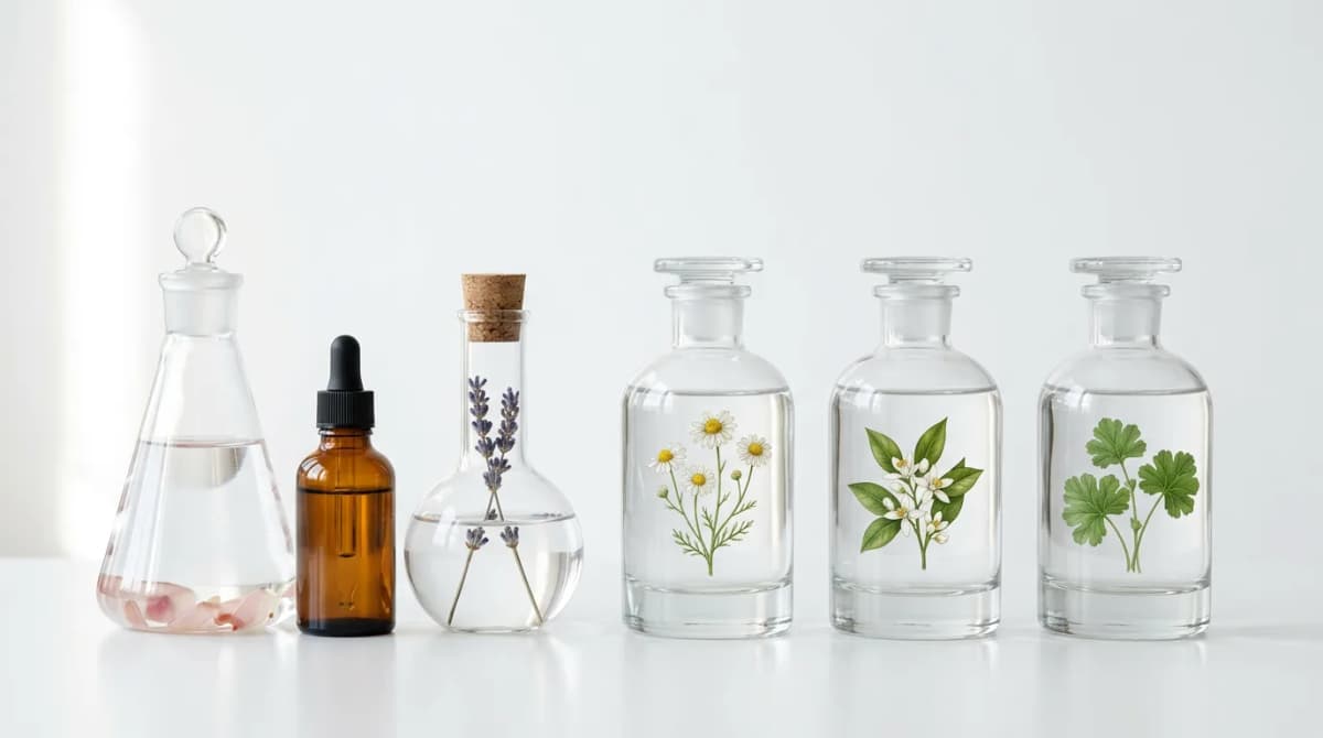 Laboratory glass bottles with clear hydrolat, minimalist white background, scientific cosmetic photography