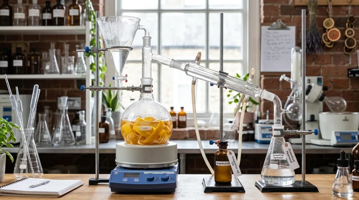 Steam distillation apparatus with grapefruit peel and glass collection vessels, laboratory setting, soft natural light