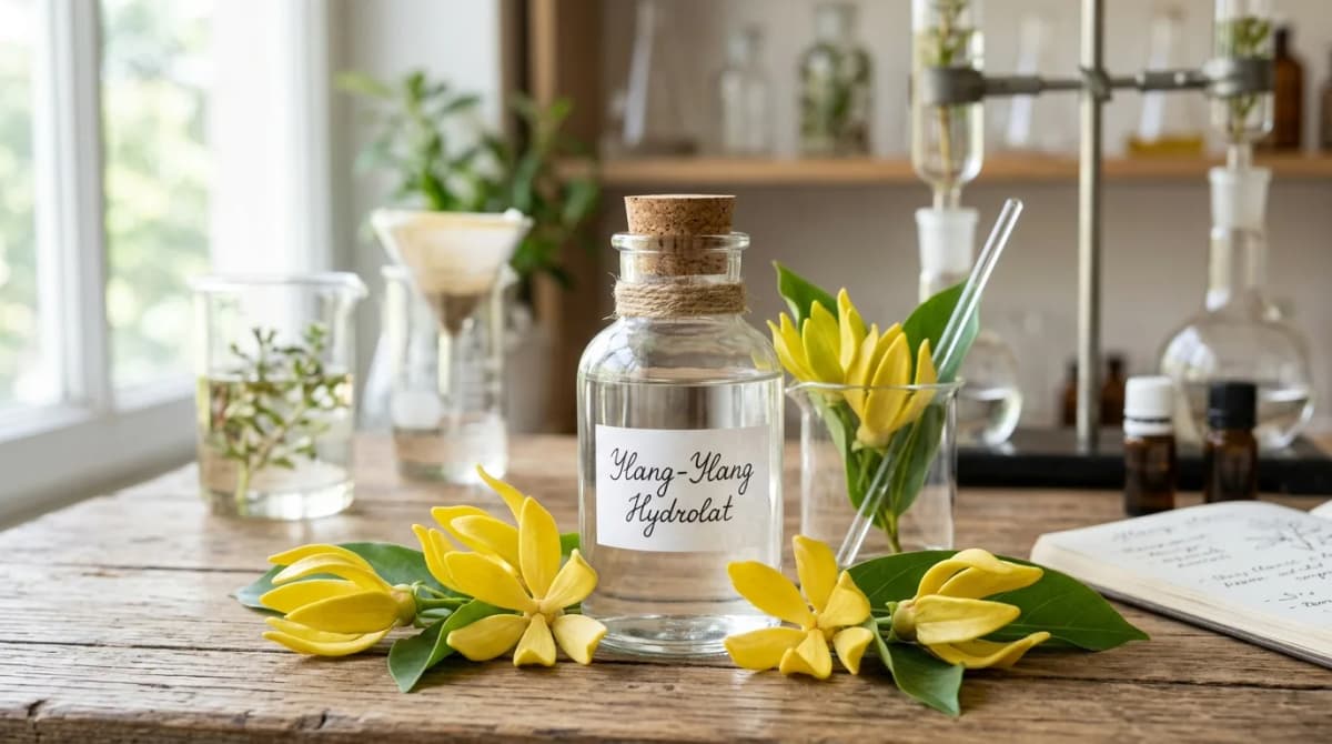 Close-up glass bottle of ylang-ylang hydrolat with fresh cananga odorata flowers, soft natural light, cosmetic laboratory aesthetic