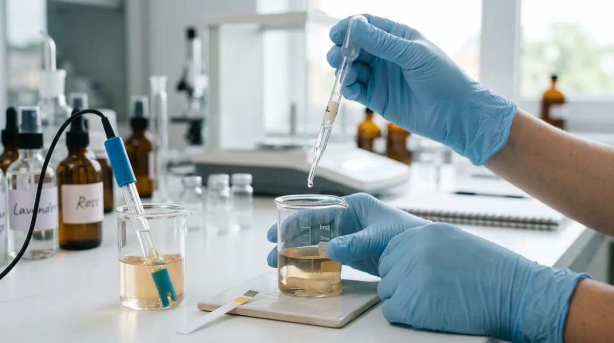 Chemist hands adding hydrolate drops into a small beaker with pH meter strip nearby, macro shot, clean laboratory setting