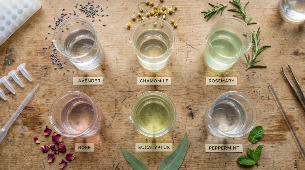Comparison chart-style flat lay showing six different hydrosols in clear glass beakers labeled with plant names, with subtle color variations from clear to slightly yellow-green, scientific laboratory setting, top view