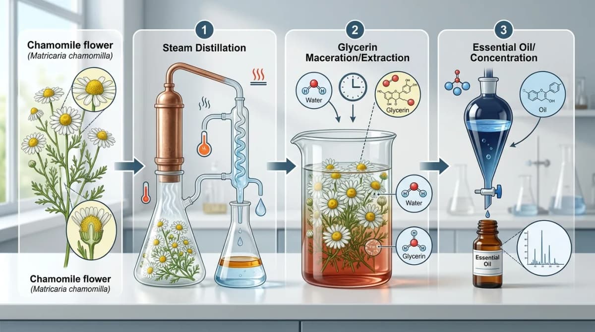 Split comparison illustration of chamomile flower with three extraction paths — steam distillation to hydrolat, glycerin extraction, and essential oil, laboratory style, soft editorial lighting