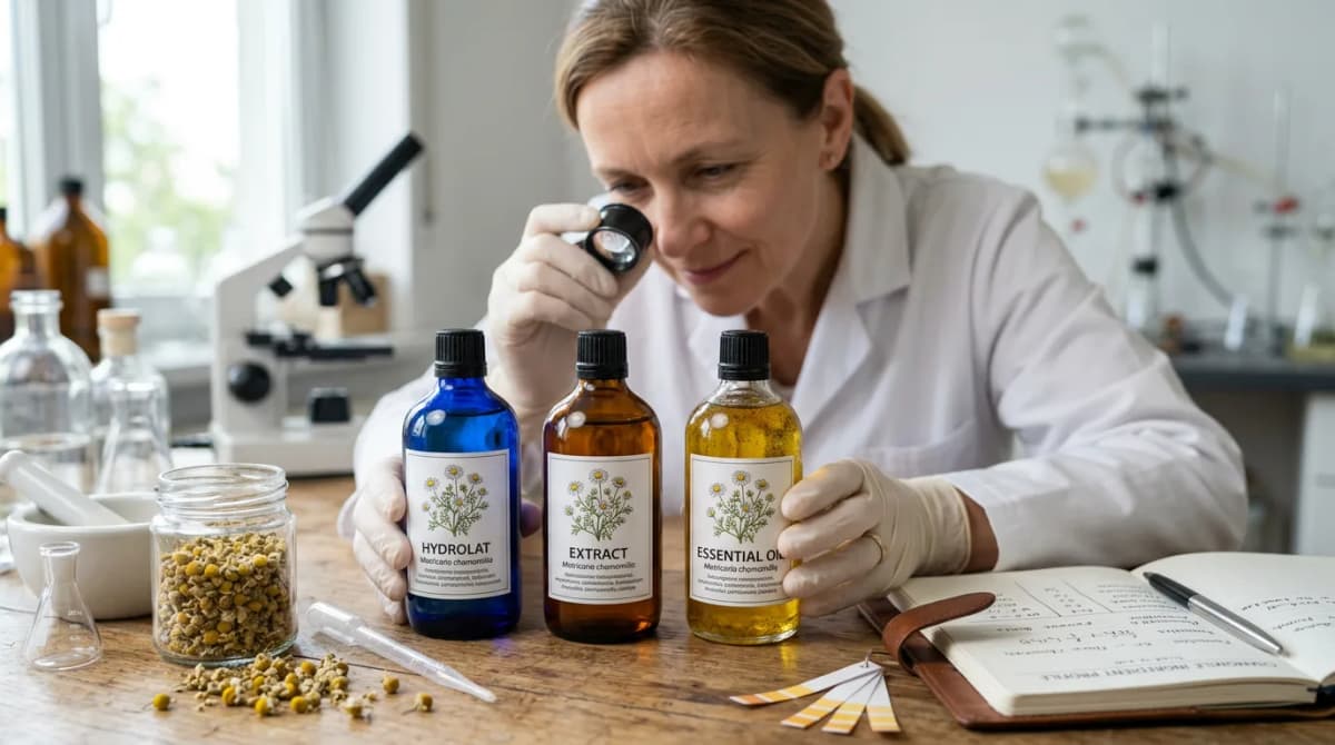 Cosmetic chemist comparing three chamomile ingredient bottles labeled hydrolat, extract, essential oil on a lab bench, macro photography style