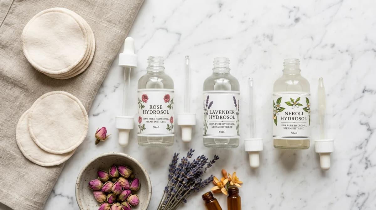 Flat lay of different hydrosol bottles labeled rose, lavender, neroli with dropper pipettes and cotton pads on a white marble surface, top view