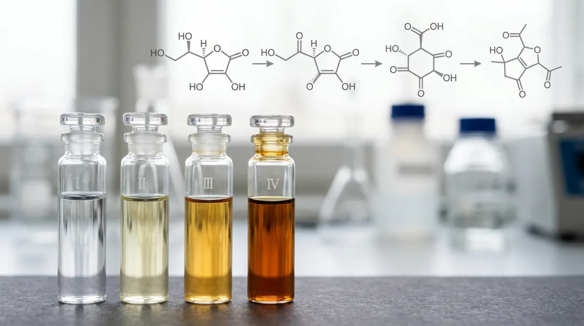 Close-up of laboratory glass vials showing vitamin C serum oxidation stages from clear to pale yellow to deep amber, with simplified molecular structure diagram of ascorbic acid oxidation pathway, scientific photography with soft studio lighting