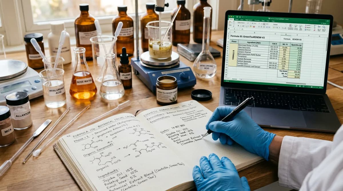 Cosmetic chemist's hands writing in a detailed lab notebook next to an open laptop, formula draft visible on screen, professional scientific workspace with ingredients and tools, warm tones, focused and thoughtful atmosphere