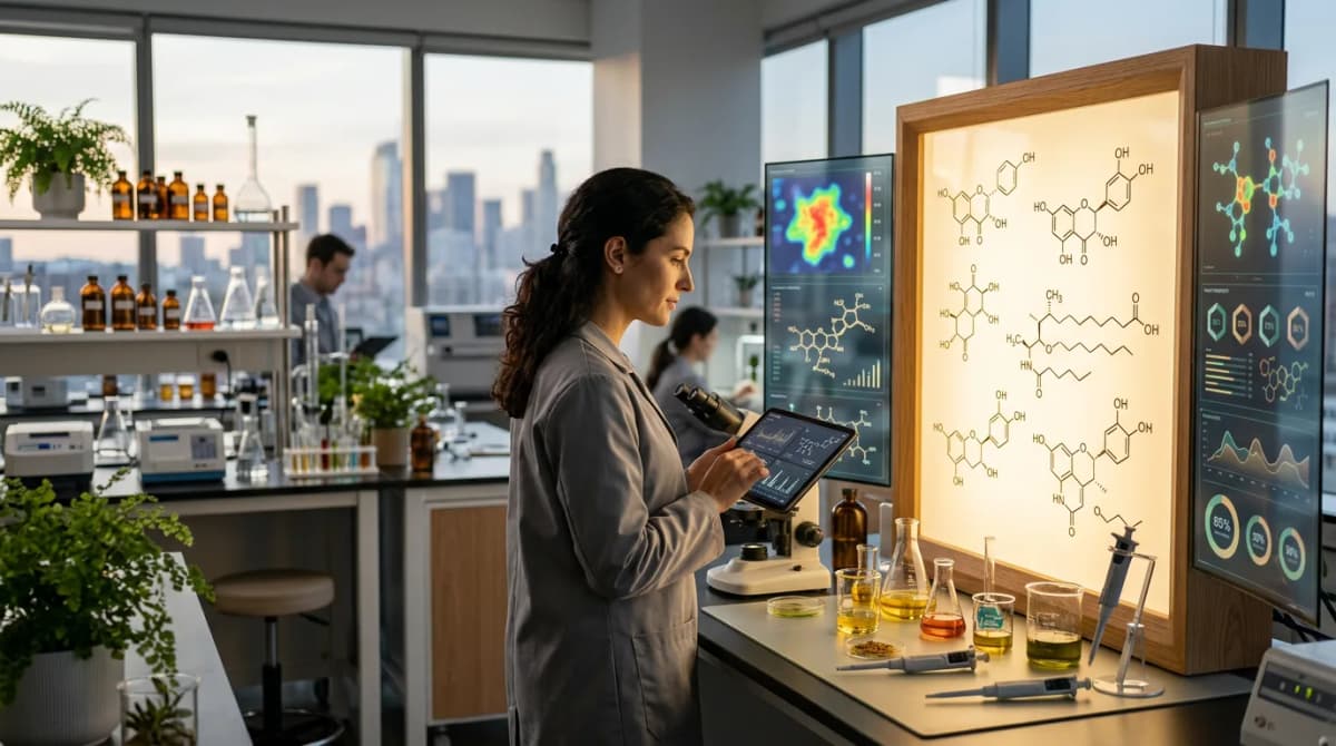 Futuristic but grounded cosmetic lab visualization with molecular structure models on a lightboard, AI interface screens showing ingredient data, modern lab equipment in background, warm scientific color palette, editorial magazine style