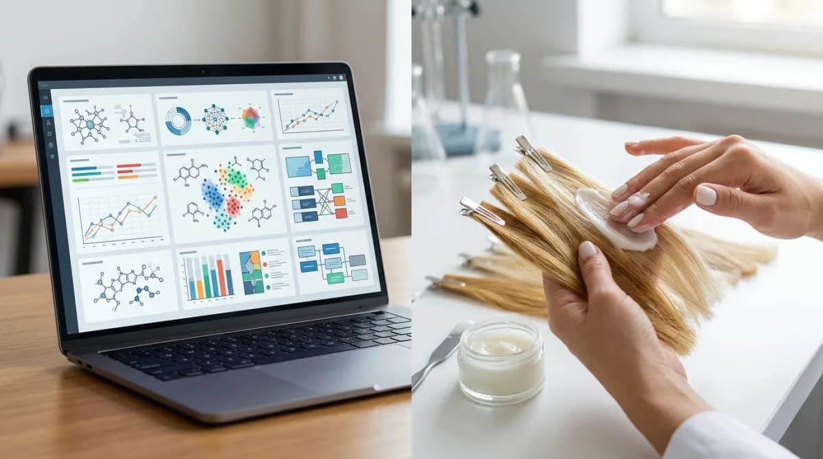 Split composition: left side shows a laptop screen with AI-generated hair conditioner formula and ingredient interaction data visualization; right side shows real hands testing conditioner texture on blonde hair swatches over a white lab surface, natural light