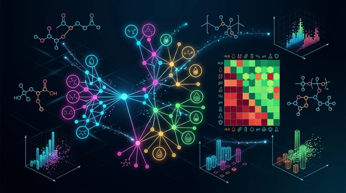 Abstract data visualization showing machine learning model for cosmetic emulsion stability prediction — colorful network graphs, molecular structures, ingredient compatibility matrices floating on dark background, futuristic but scientific aesthetic