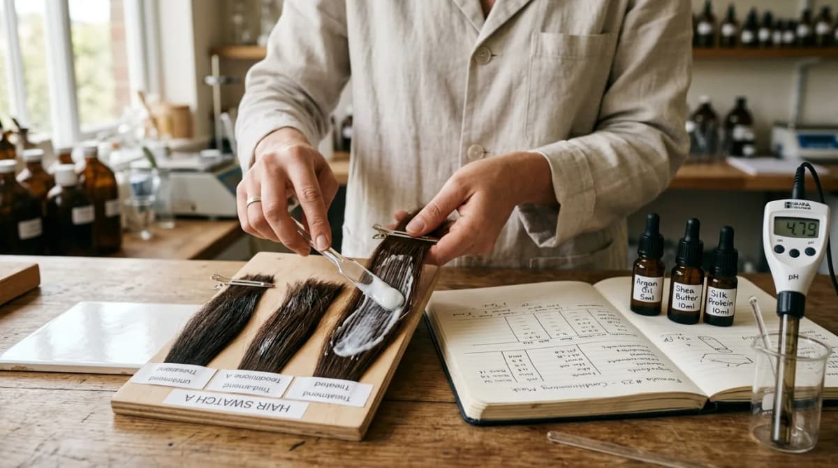 Close-up of cosmetic chemist hands applying hair conditioner to a brunette hair swatch on a testing board, with an open formula notebook, dropper bottles of ingredients, and a pH meter visible, warm natural light, editorial beauty photography style