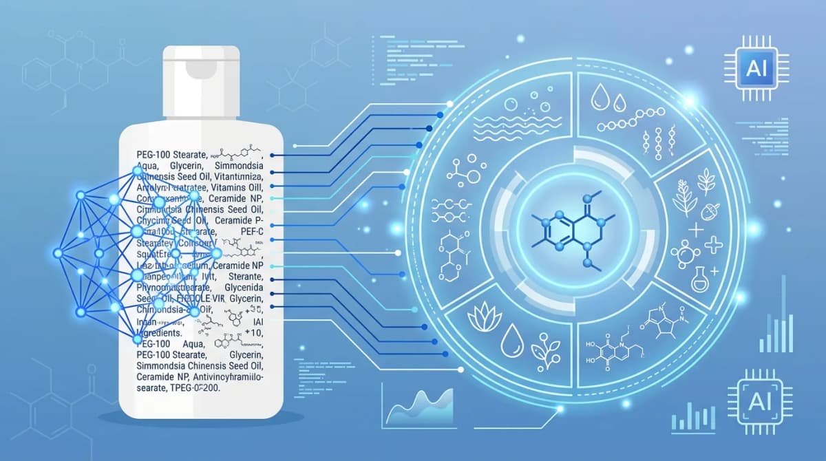 Scientific illustration, flat design, of a cosmetic product label with an INCI ingredient list being scanned by a glowing AI neural network overlay, digital lines connecting text to a holographic structured formula diagram with layered circles representing water phase, oil phase, active phase, clean modern educational infographic style, cool blue and white color palette, no human faces