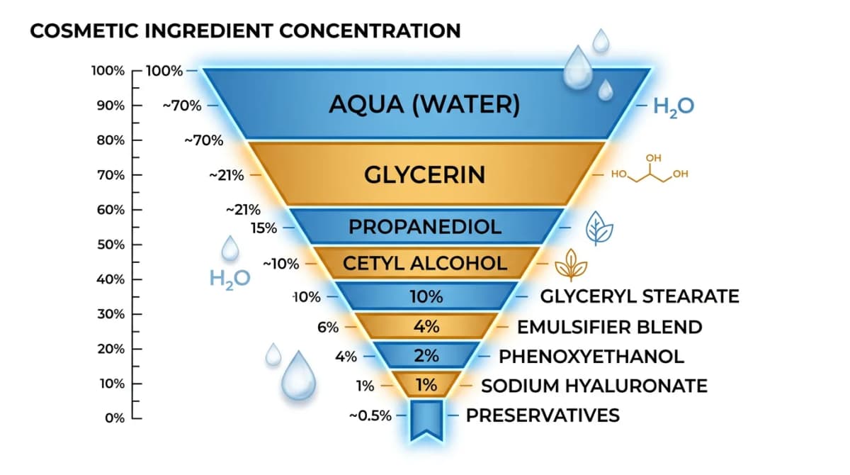 Scientific diagram illustration showing a vertical bar chart or funnel visualization of cosmetic ingredients decreasing in concentration from top to bottom, labeled with generic terms like Aqua, Glycerin, Emulsifier, Preservative, with percentage scale on the side, clean infographic educational style, white background, blue and amber accent colors, no text overlap, no human figures