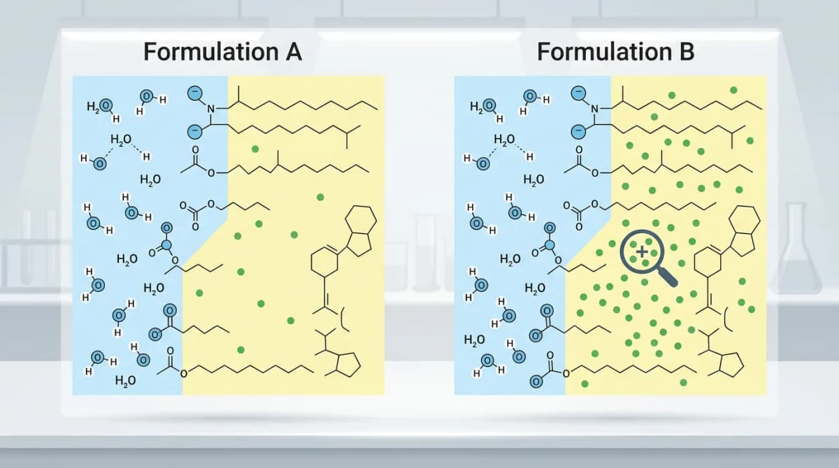 Scientific illustration comparing two cosmetic product formulations side by side as structured molecular diagrams, each split into color-coded phases (aqueous phase in light blue, oil phase in pale yellow, active ingredients in green dots), magnifying glass icon highlighting a key active ingredient concentration difference, clean flat vector infographic style, laboratory research aesthetic, no human faces