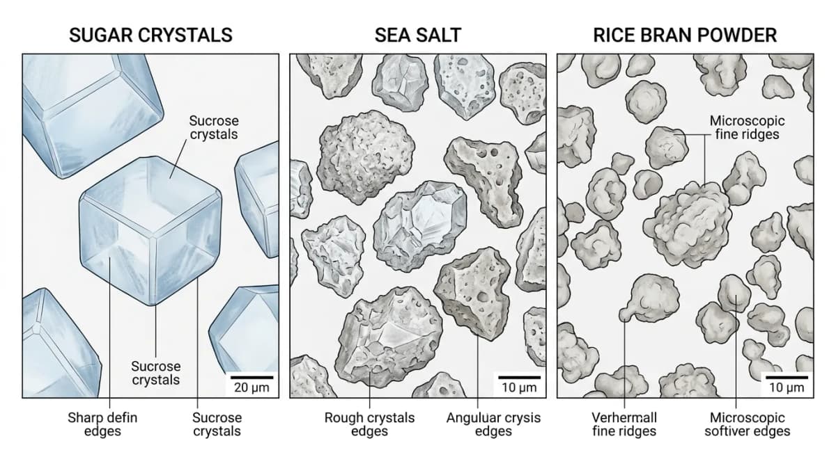 Microscopic comparison of abrasive particles: sugar crystals vs sea salt vs rice bran powder, showing different particle shapes and edges, scientific illustration style, clean white background, labeled diagram