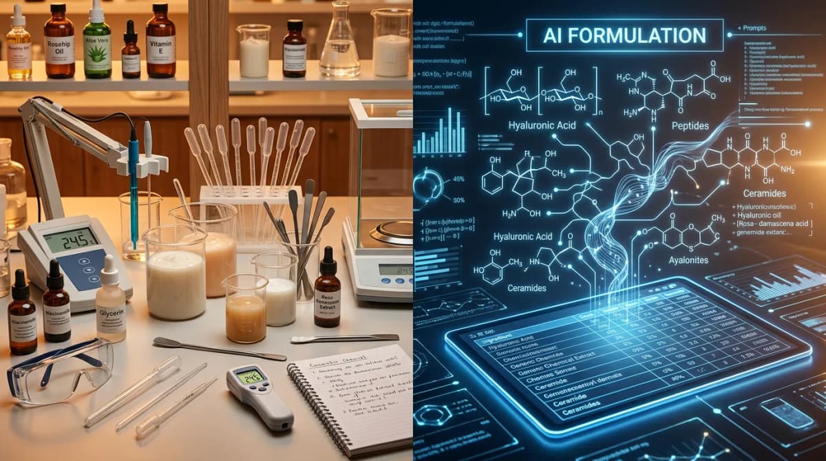Photo-realistic split-composition image: on the left a cosmetic chemist's lab bench with beakers, emulsion samples, pH meter and pipettes in warm lighting; on the right a glowing abstract digital interface with flowing molecular formulas and text prompts transforming into a laboratory formulation sheet, symbolizing AI-assisted recipe development, no visible human faces, modern editorial style, soft blue and amber color palette