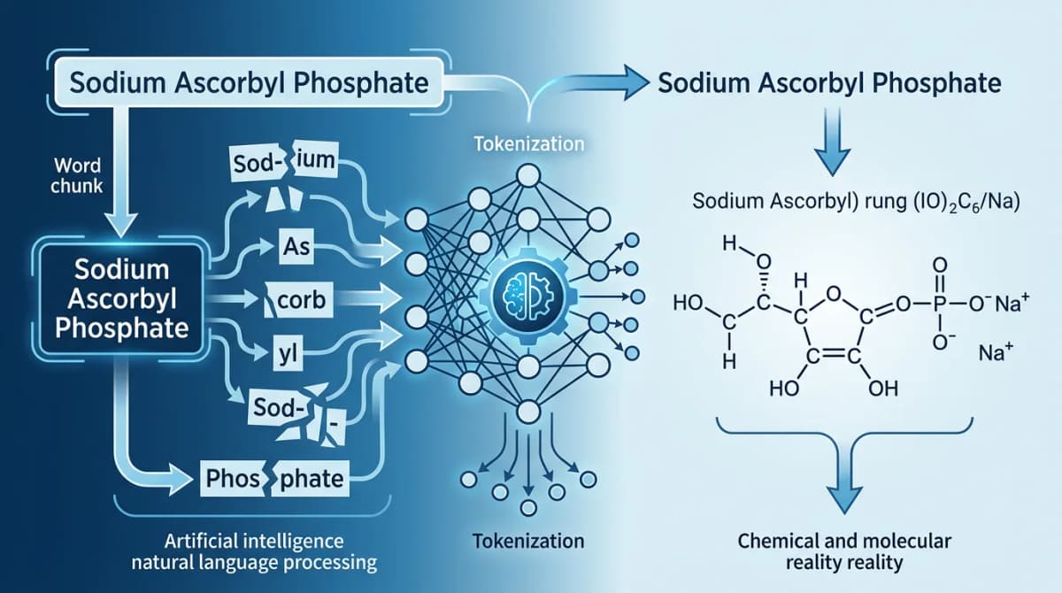Scientific educational diagram showing the word 'Sodium Ascorbyl Phosphate' being split into text tokens by an AI language model, visualized as a flowchart with the chemical name breaking into fragmented word-pieces connected to a neural network node graph, contrasted with a correct molecular SMILES structure on the other side, clean infographic style, blue and white color scheme, labels in English