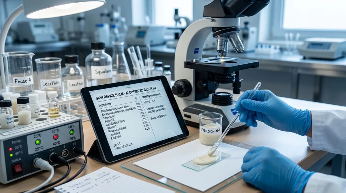 Photo-realistic close-up of a gloved hand testing a cosmetic emulsion sample in a laboratory, with a tablet screen showing an AI-generated formula printout beside microscope and stability testing equipment, emphasizing verification and quality control, cool clinical lighting, no visible human face, shallow depth of field