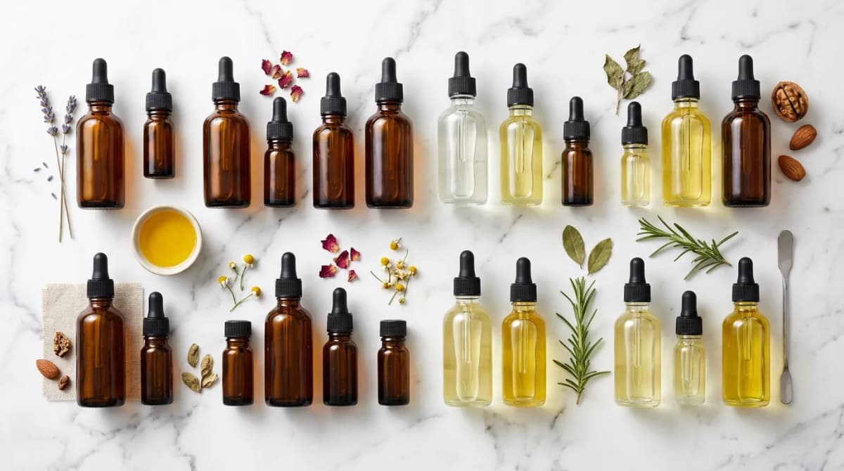 flat lay of various carrier oils in amber and clear glass dropper bottles arranged on white marble surface, scientific and elegant aesthetic, soft diffused natural light, editorial beauty photography style