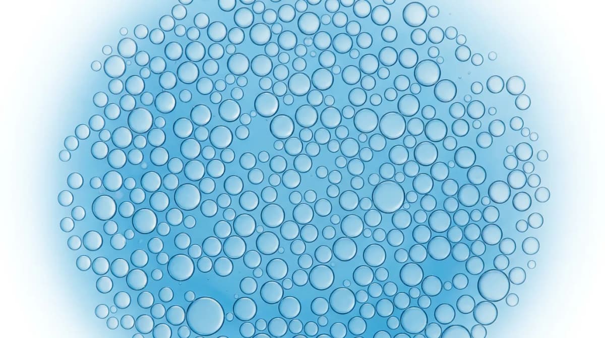 microscope view visualization of oil-in-water emulsion showing spherical droplets in blue-toned liquid, scientific illustration style, clean white background with subtle blue gradient