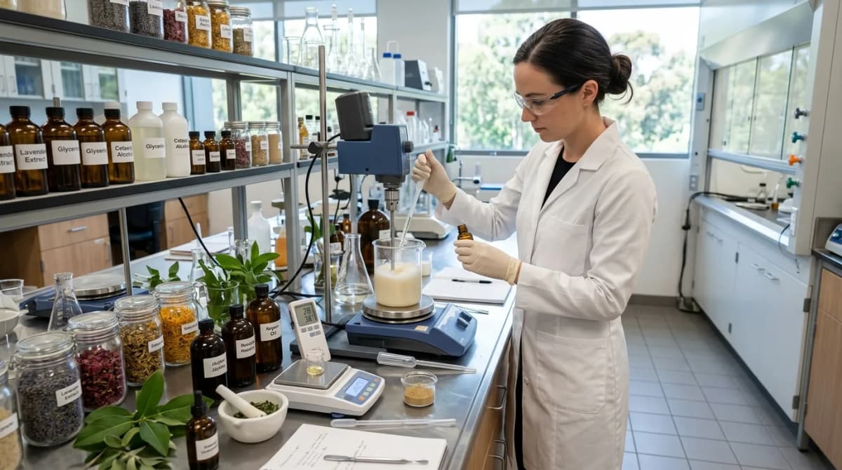 A professional cosmetic chemist in a white lab coat working at a modern laboratory bench with beakers, emulsifiers, and botanical ingredients, bright natural lighting, photorealistic style