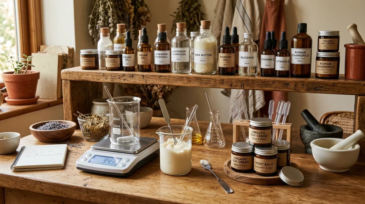 A home cosmetics laboratory setup with labeled ingredient bottles, digital scale, glass beakers, and handmade cream jars on a wooden shelf, warm lighting, cozy atmosphere