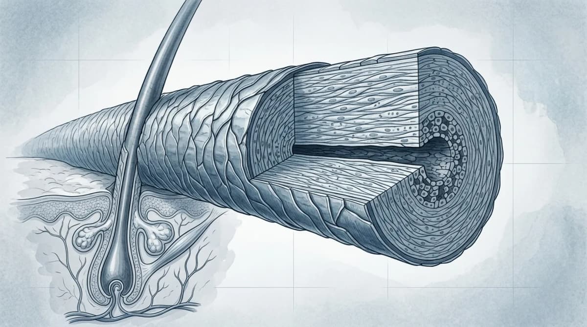 Close-up scientific cross-section illustration of a single hair strand showing cuticle scales, cortex and medulla layers, muted blue and grey tones, educational diagram style