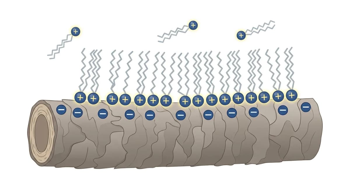 Molecular diagram showing cationic surfactant molecules with positive charges adsorbing onto negatively charged hair surface, clean white background, flat scientific illustration